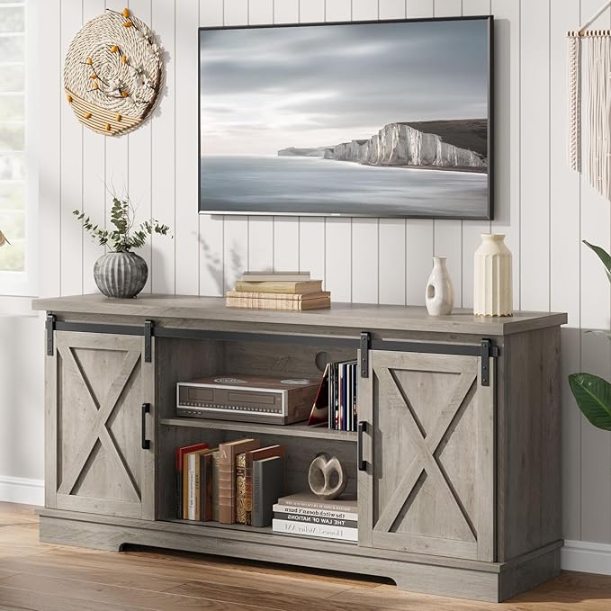 IDEALHOUSE Farmhouse Tv Stand for 65 inch TVs, Entertainment Center with Sliding Barn Doors and Adjustable Shelf, Modern Storage Media TV Console TV Stand Table for Living Room, Bedroom, Grey