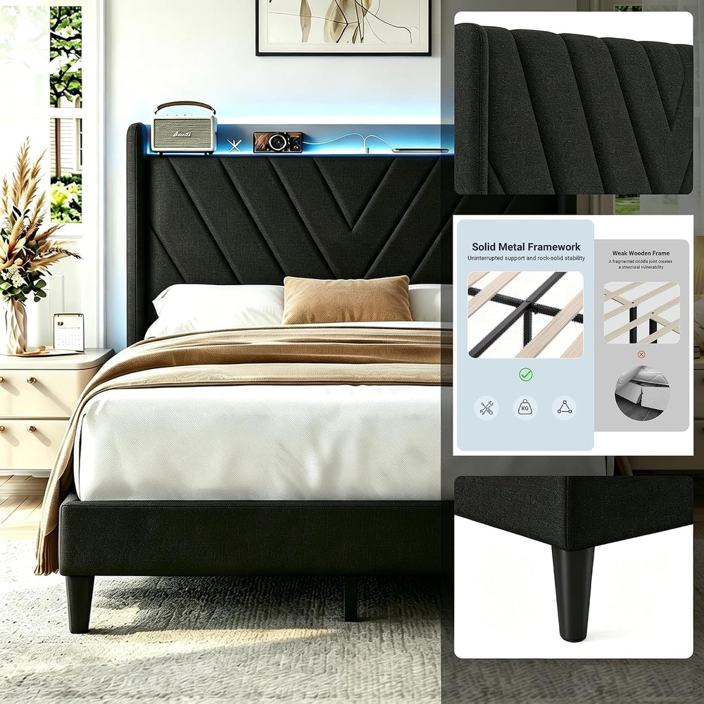 Full Size Bed Frame with Charging Station and LED Lights, Upholstered Wingbac...
