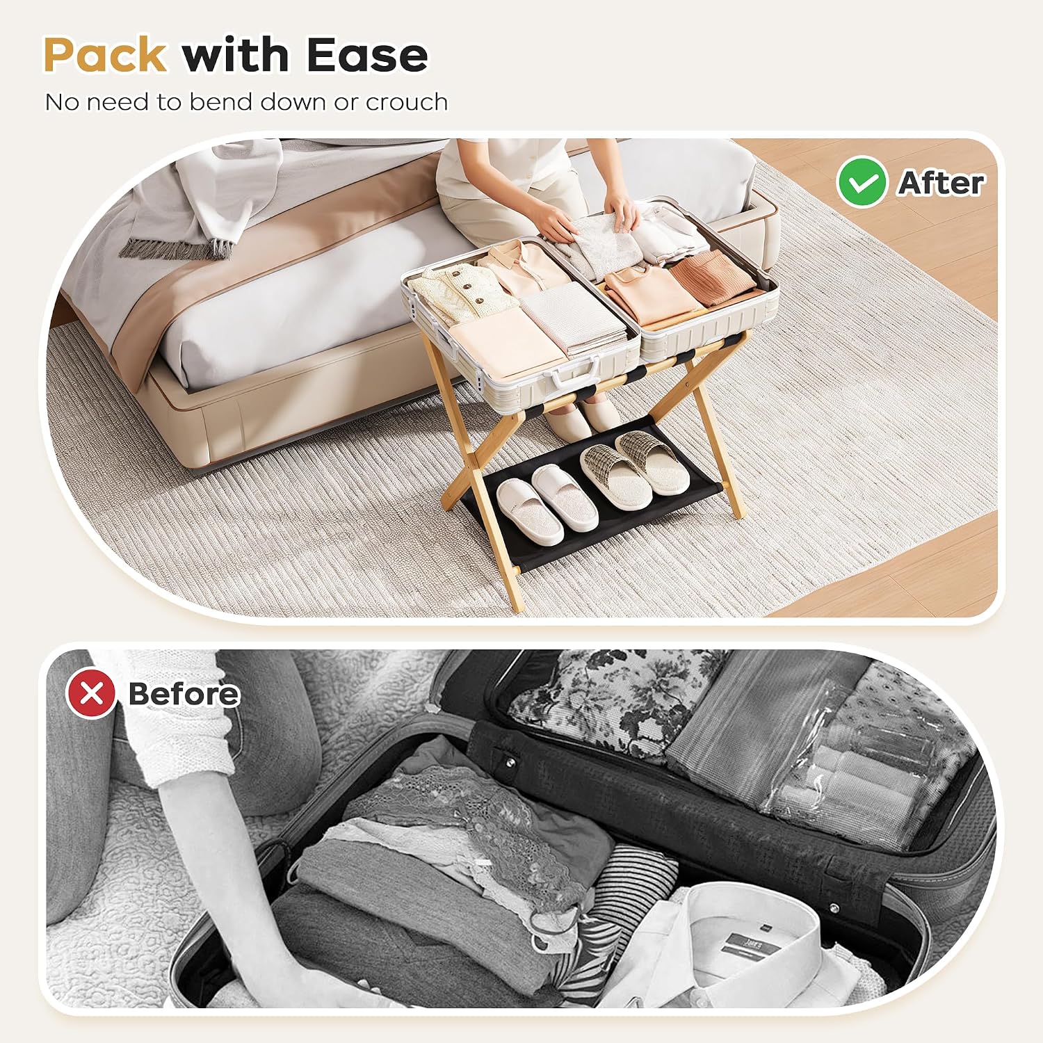 26.77" Full Assembled Luggage Rack for Guest Room, Set of 2 Bamboo Foldable Suitcase Stand, Bedroom & Hotel, Folding Luggage Holder with 5 Nylon Straps, 600D Oxford Fabric Shelf Natural Wood