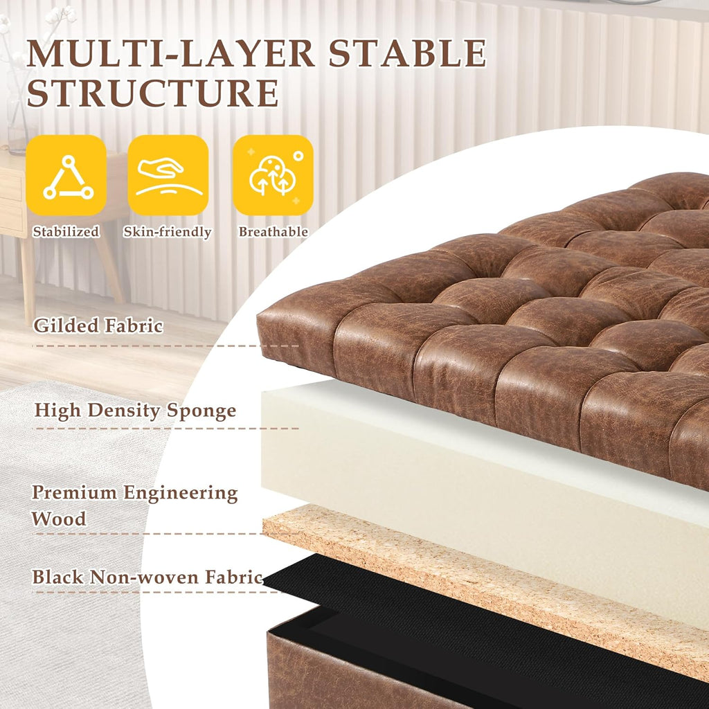 36" Large Square Ottoman with Storage, Tufted Upholstered Storage Ottoman with Lift Top & Solid Legs for Bedroom Room, Extra Large Coffee Tables Bench for Living Room as Footstool (Brown)
