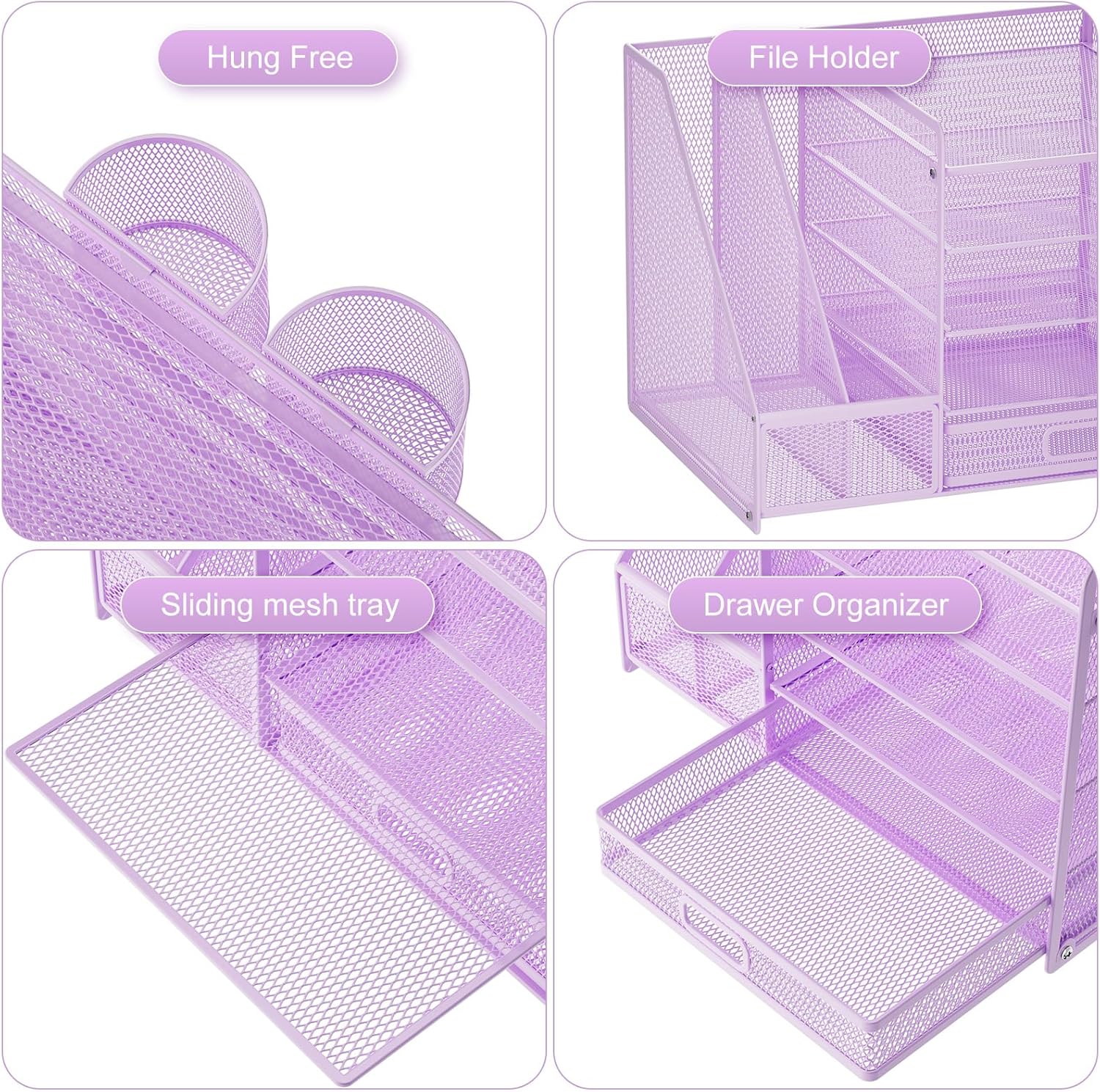 Marbrasse Desk Organizer with File Holder, 5-Tier Paper Letter Tray Organizer with Drawer and 2 Pen Holder, Mesh Desktop Organizer and Storage with Magazine Holder for Office Supplies(Purple)