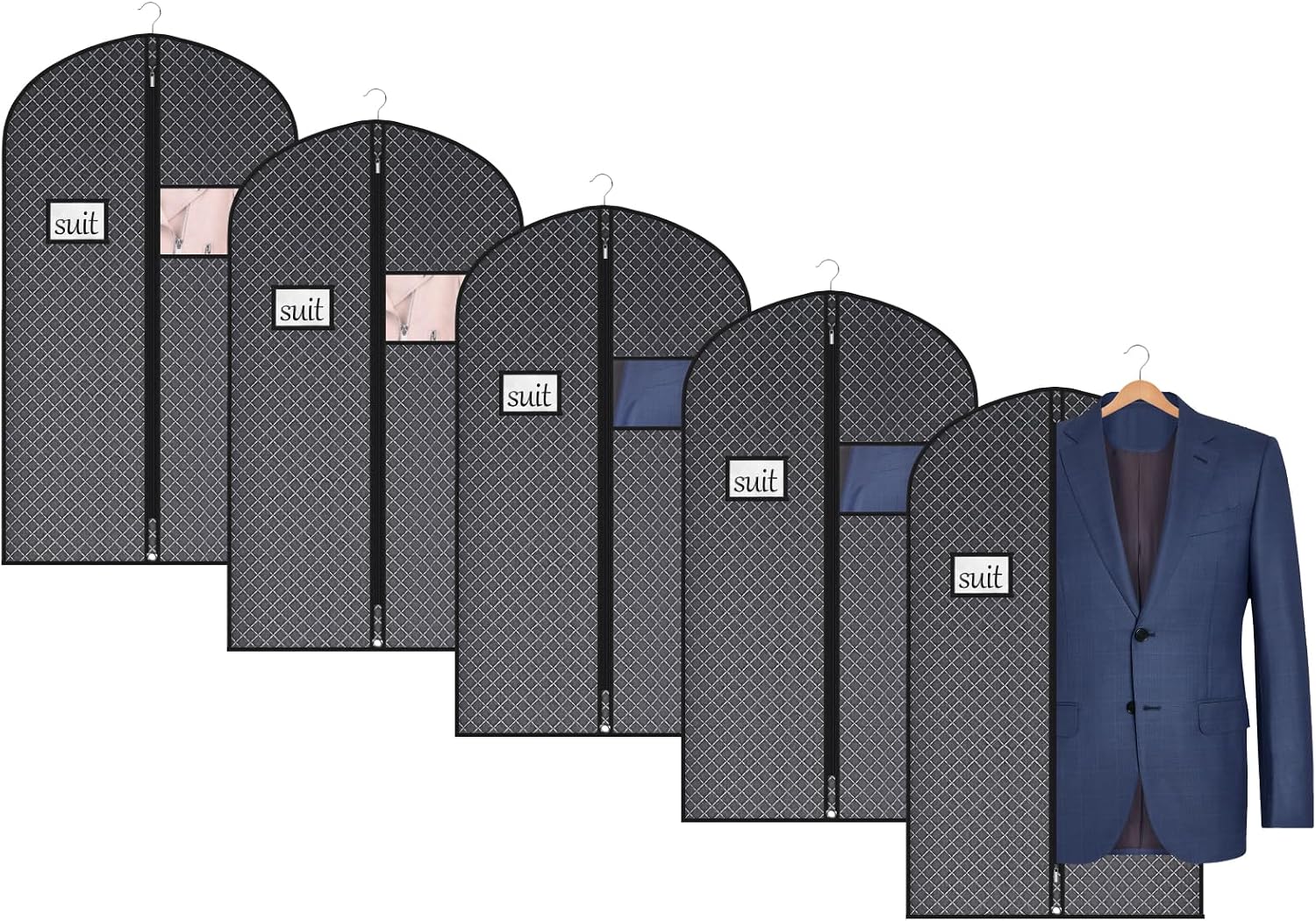 Univivi Suit Bags for Closet Storage and Travel, 40 Inch, 5 Pack, Black | Non-woven fabric, Breathable Suit Cover, Dustproof Hanging Storage Bag, Clear Window and ID Card Holder for Closet Storage