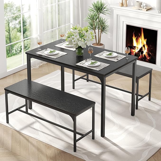 DUMOS Dining Table Set, Dining Table for 4 with Bench, Kitchen Table, Space-Saving Ideal 4-Person Set for Dining Room Kitchen Apartment Corner Black 3 Pack