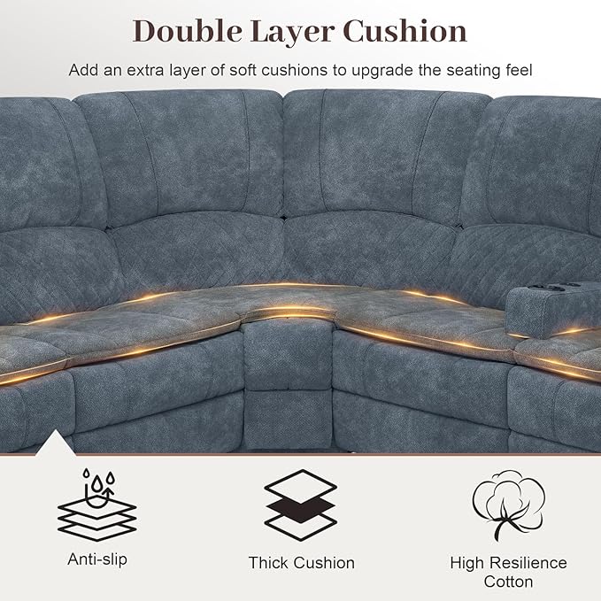 Manual Reclining Sectional Sofa Set, 4 Seats Soft Fabric Recliner Corner Sectional Couch, Family-Sized L-Shaped Recliner Couch with USB Charging, Thickened Padding, Sturdy Frame, Blue