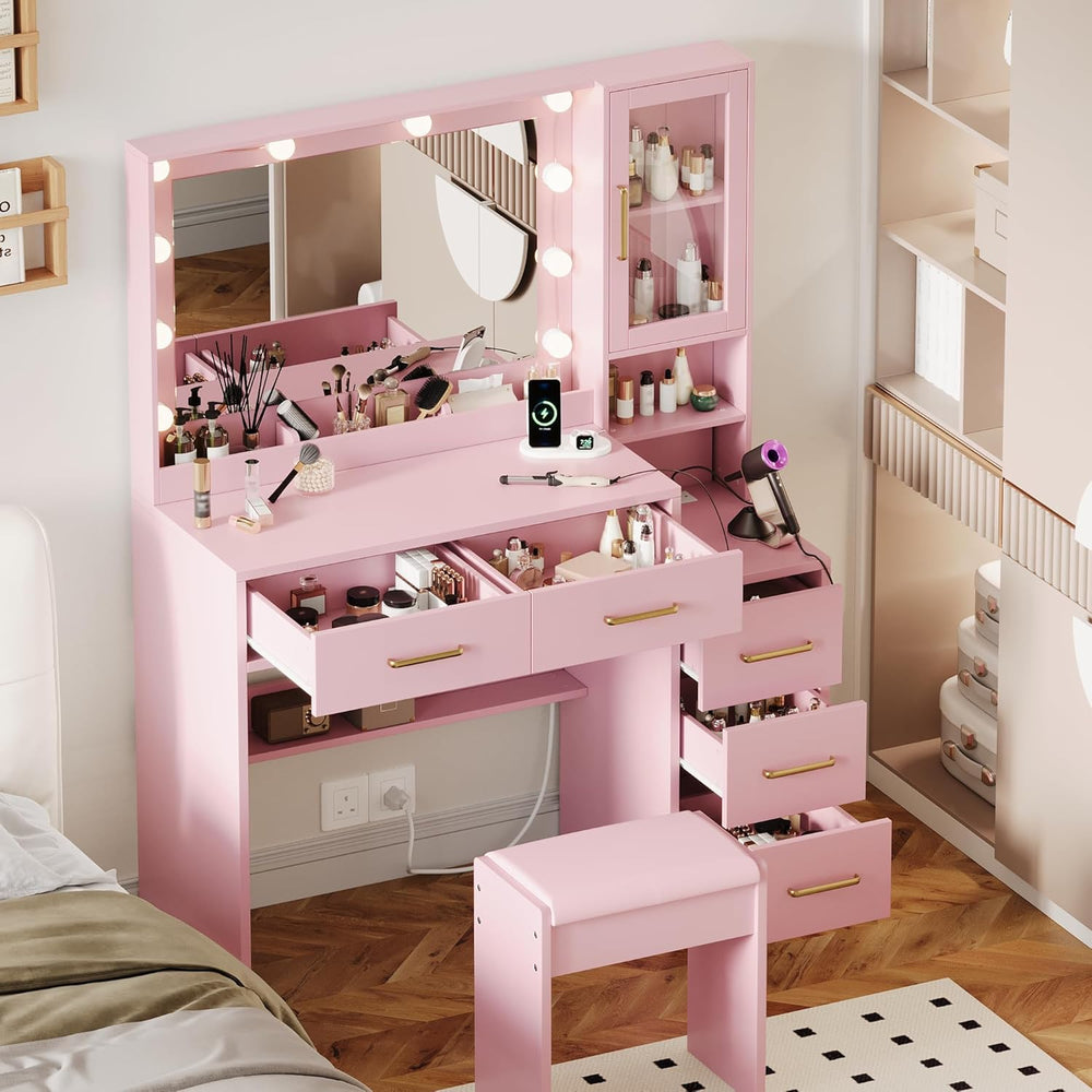 Makeup Vanity with Lights & Charging Station, Pink Vanity Table with 5 Dr...