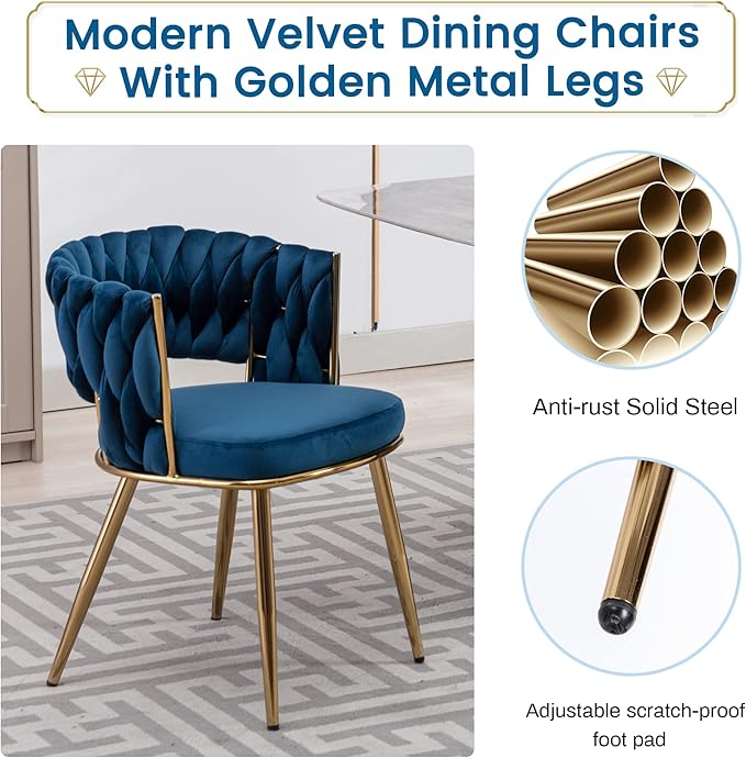 KCC Modern Velvet Dining Chairs Set of 2, Upholstered Living Room Chair with Woven Back and Golden Metal Legs, Mid-Century Accent Side Chair for Dining Room, Kitchen, Blue