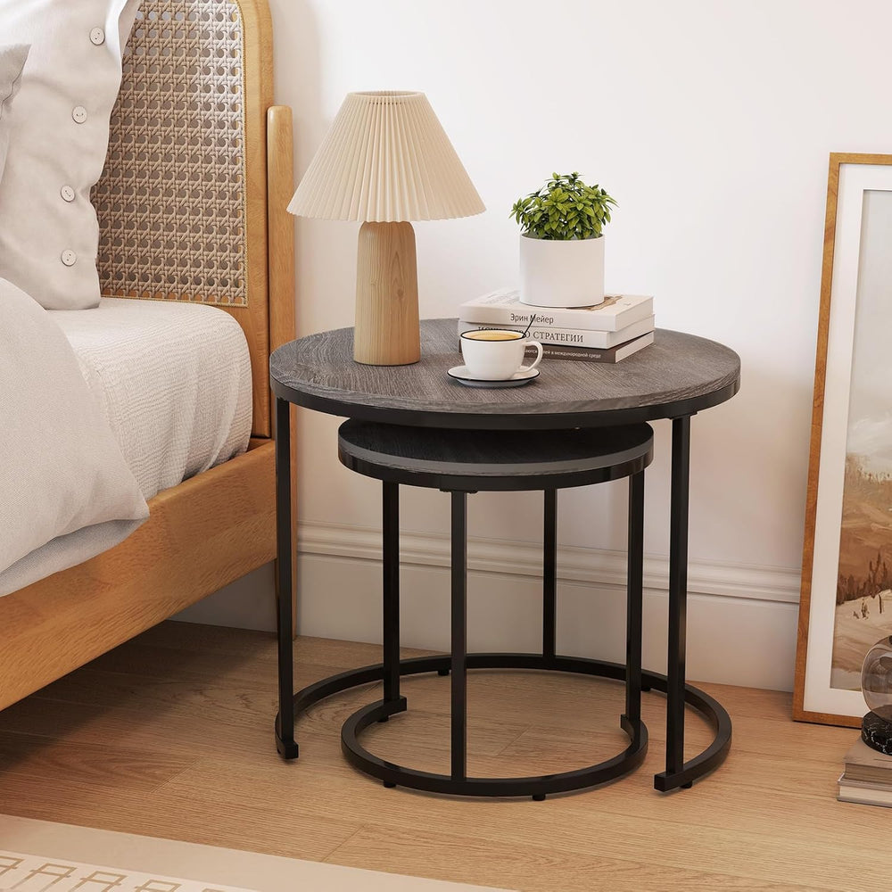 Giantex Nesting Coffee Table Set of 2, Round Stacking Side Tables with Wooden...