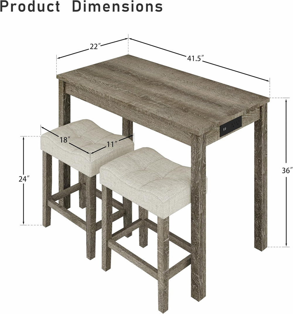 allamazing 3-Piece Counter Height Bar Table Set with Socket and 2 Fabric Padd...