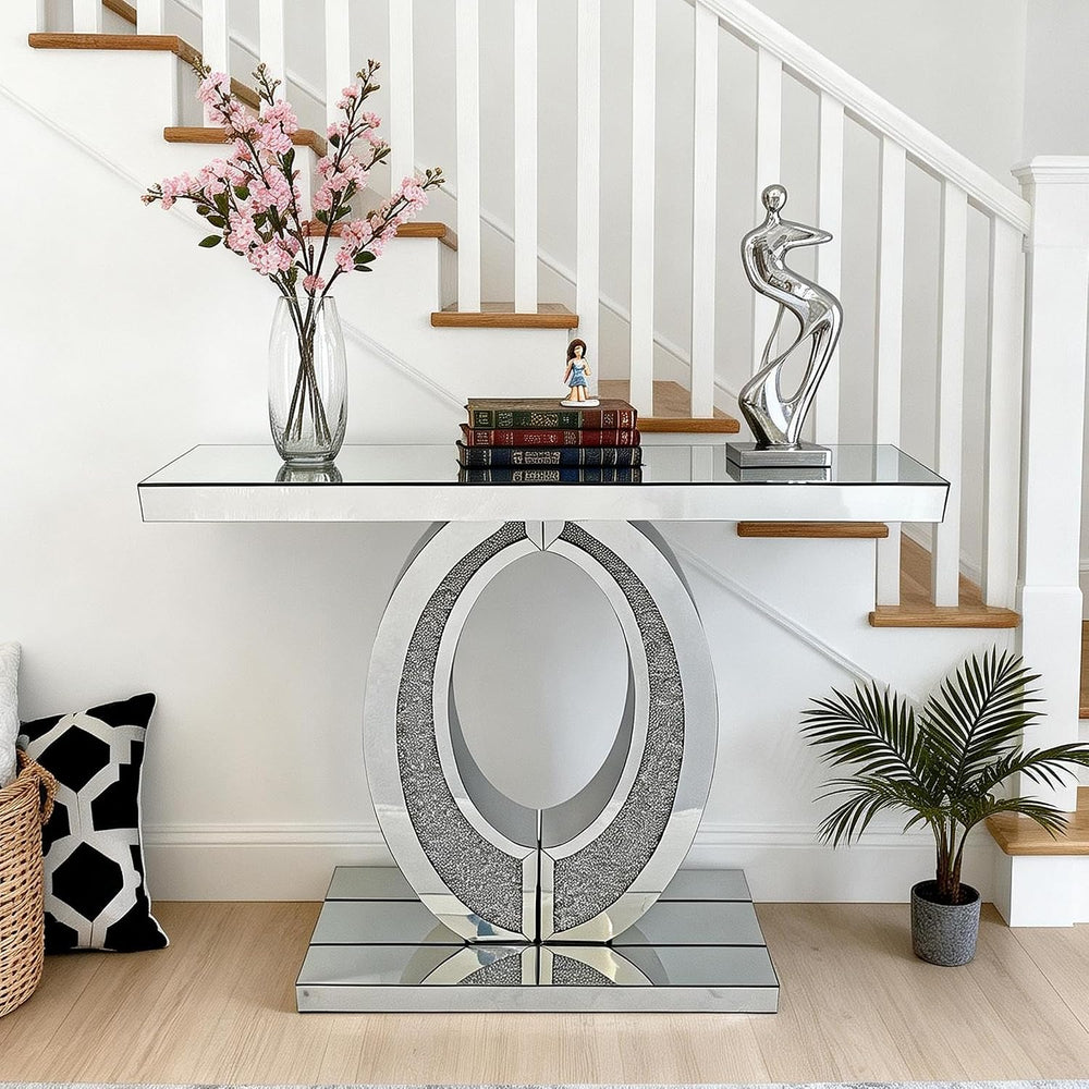 Silver Mirrored Console Table with Crushed Diamond lnlay, 39.5" Modern R...