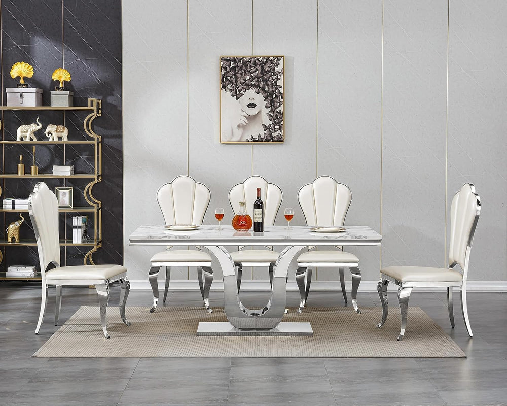 SSLine Modern White Marble Dining Table for 6-8 Rectangle 68" Faux Marbl...