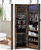 GISSAR Full Length Mirror Jewelry Cabinet, 6 LEDs Jewelry Armoire Wall Mounted Over The Door Hanging, Jewelry Organizer Storage with Lights Lockable, Vintage Brown, 14.6" x 47.2"