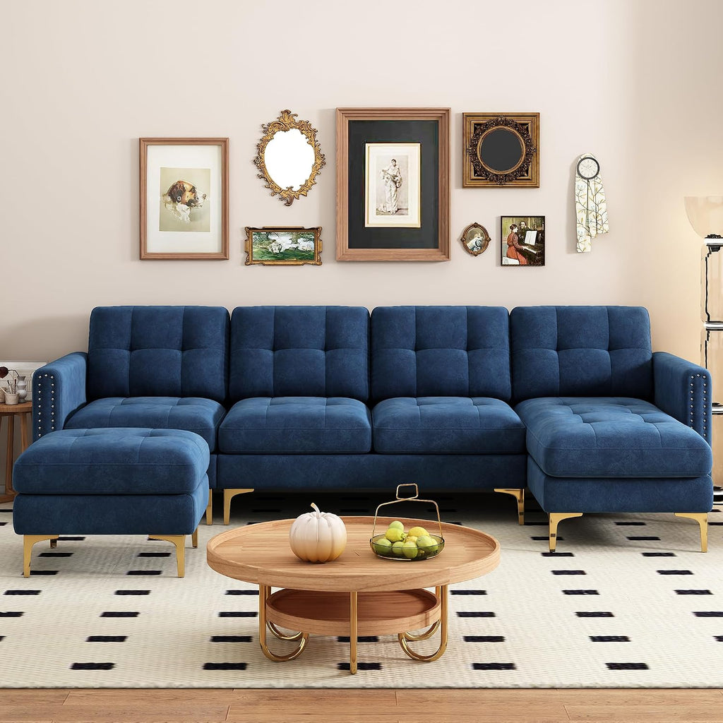 P PURLOVE Velvet Modern Large Sectional Sofa, U Shape Upholstered Couch with Chaise, Convertible Sofa Couch with Movable Ottoman for Living Room Apartment (Blue)