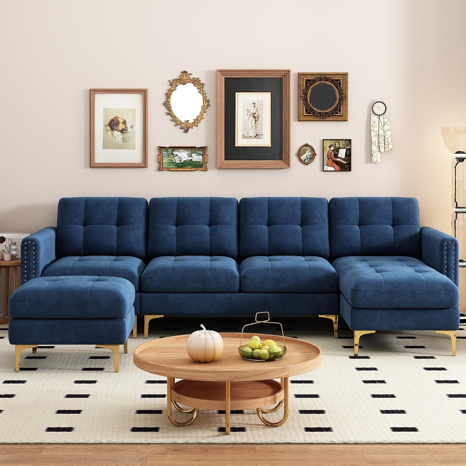 P PURLOVE Velvet Modern Large Sectional Sofa, U Shape Upholstered Couch with Chaise, Convertible Sofa Couch with Movable Ottoman for Living Room Apartment (Blue)