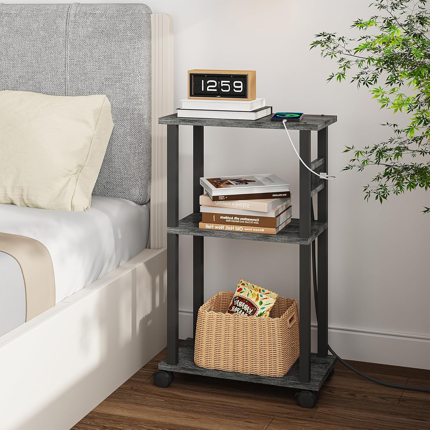 TUTOTAK Small Narrow Side Table with Charging Station, Skinny End Table for Small Spaces, Slim Nightstand with USB Ports and Outlet, Sofa Beside Table with Wheels, Charcoal Grey TB01BY046