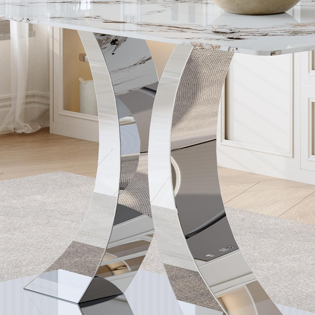 Knocbel 63" Glass Dining Table for 6-8, Kitchen Table with Faux Marble Tabletop and Stainless Steel C-Shaped Pedestal Base, Modern Rectangular Dinner for Apartment Home, Silver & Printed Glass