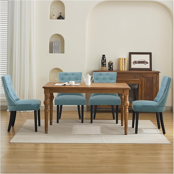 Upholstered Dining Chairs with Arms, Set of 2, Dining Room Chairs with Solid Wood Legs and Tufted Backrest (Light Blue, 6PCS (Regular Size))