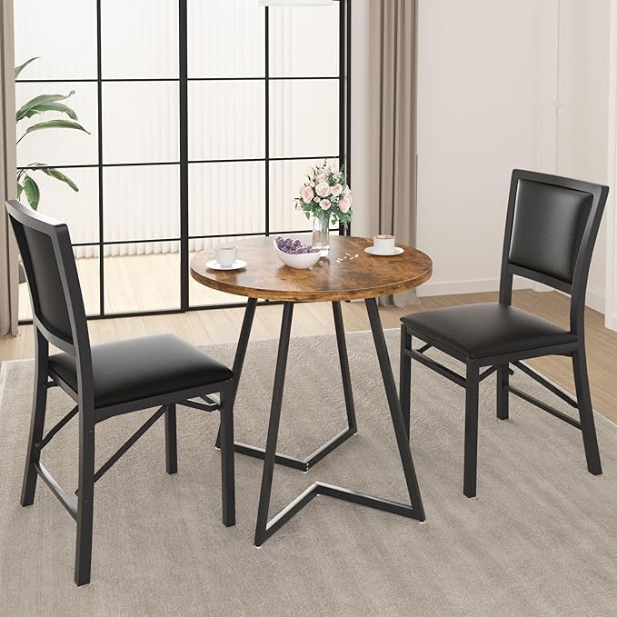 VECELO Folding Chairs Set of 4 with Cushion, Foldable Padded Seats with Heavy Duty Metal Frame for Kitchen/Dining/Living Room, No Assembly & Space Saving Design, Black
