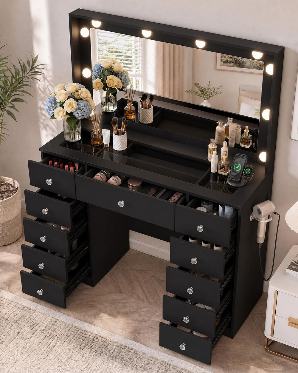 Otterease Black Makeup Vanity with Mirror and Lights,11 Drawers & Glass T...