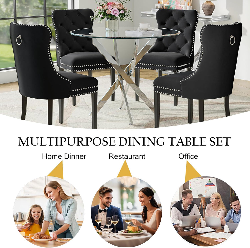 5-Piece Glass Dining Table Set for 4, Include 36" Round Tempered Glass Kitchen Table and 4 Black High Back Chairs for Dining Room, Living Room (Silver Table Legs)