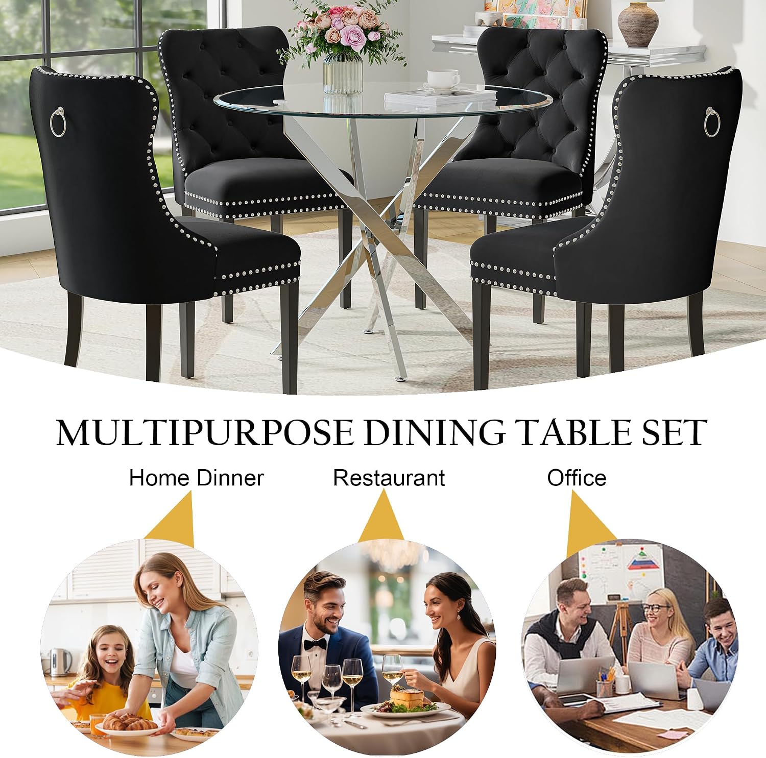5-Piece Glass Dining Table Set for 4, Include 36" Round Tempered Glass Kitchen Table and 4 Black High Back Chairs for Dining Room, Living Room (Silver Table Legs)