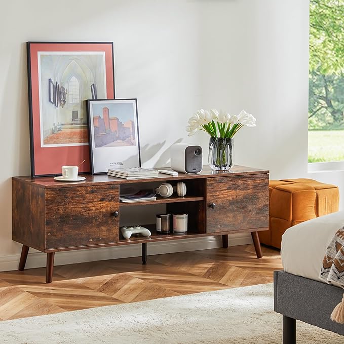 Sweetcrispy TV Stand for 55 60 inch TV, Modern Mid Century Entertainment Center with Storage Cabinet, Media Console Table for Living Room, Soft Hinge, Handle Door, Wooden Office Furniture, Brown