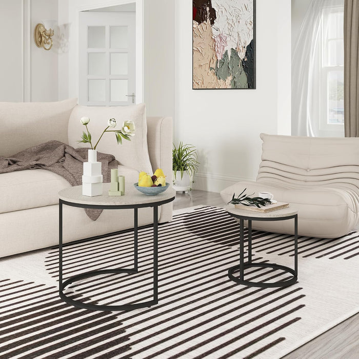 Otterease Nesting Tables Set of 2, Small Round Coffee Table for Living Room | Nesting Coffee Table with Adjustable Non-Slip Feet, Wood Grain Top Nesting Table for Living Room, Bedroom (Wood Grain Grey)