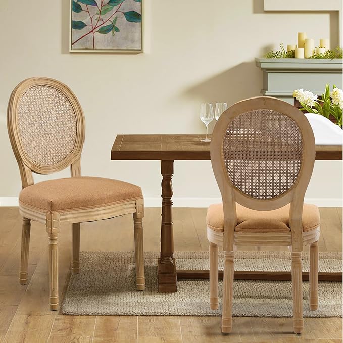 Rattan Back Upholstered Dining Chairs Set of 6 French Country Oval Kitchen Side Chairs with Wood Legs for Dining Room, Kitchen, Restaurant(Tan-Rattan)