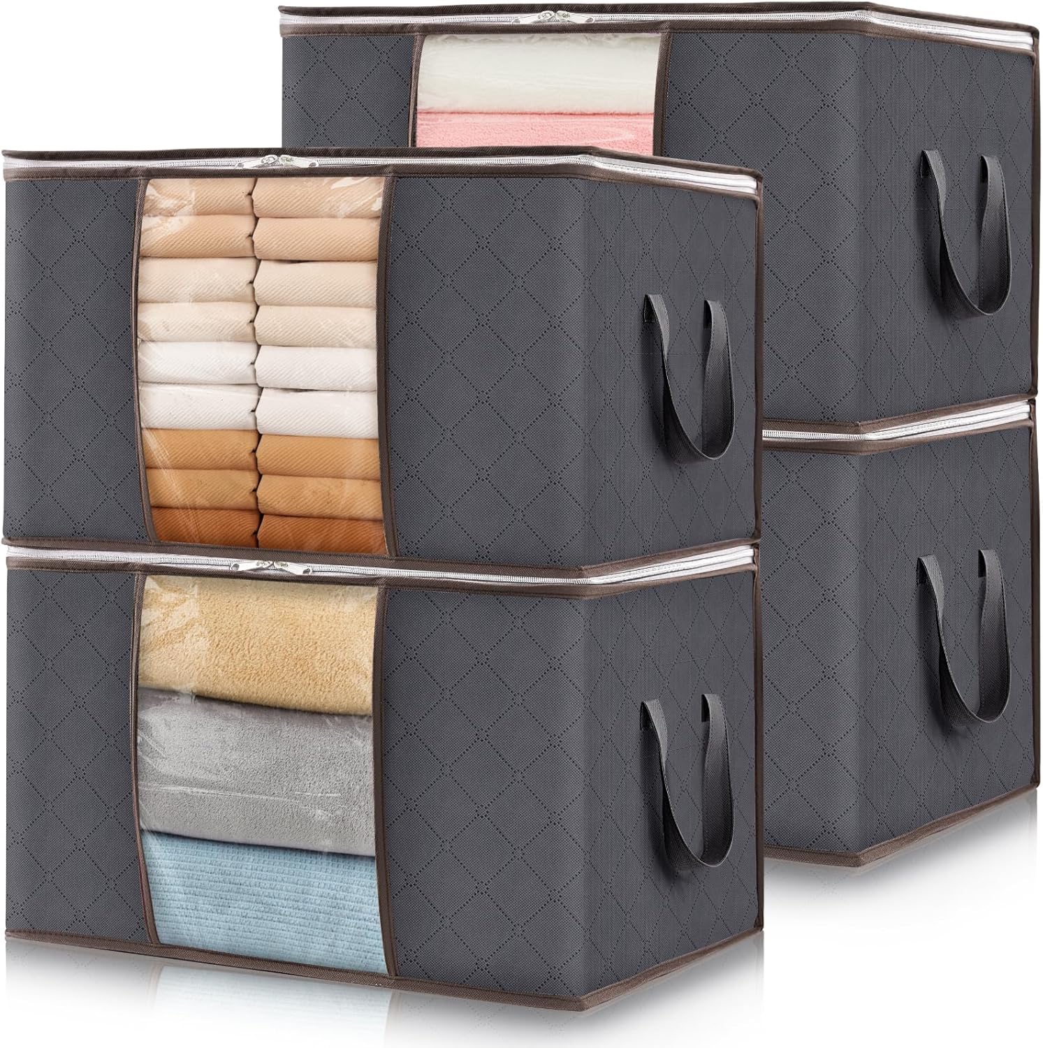 Lifewit 4 Pack Foldable Clothes Storage with Clear Window and Reinforced Handles for Clothing, Bedding, Gray