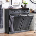 Double Tilt Out Laundry Hamper Cabinet, 20 Gallon Farmhouse Trash Can Cabinet with Drawer, Hidden Wood Garbage Can Bin Cabinet with Laundry Storage Basket for Bathroom, Kitchen, Dark Grey