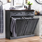 Double Tilt Out Laundry Hamper Cabinet, 20 Gallon Farmhouse Trash Can Cabinet with Drawer, Hidden Wood Garbage Can Bin Cabinet with Laundry Storage Basket for Bathroom, Kitchen, Dark Grey