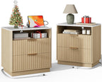 Large Fluted Night Stand Set of 2 with Charging Station, 23" Modern End Table with Faux Marble Top, 2 Drawers Nightstand with Storage for Bedroom Living Room, Curved Profile (Natural Oak)