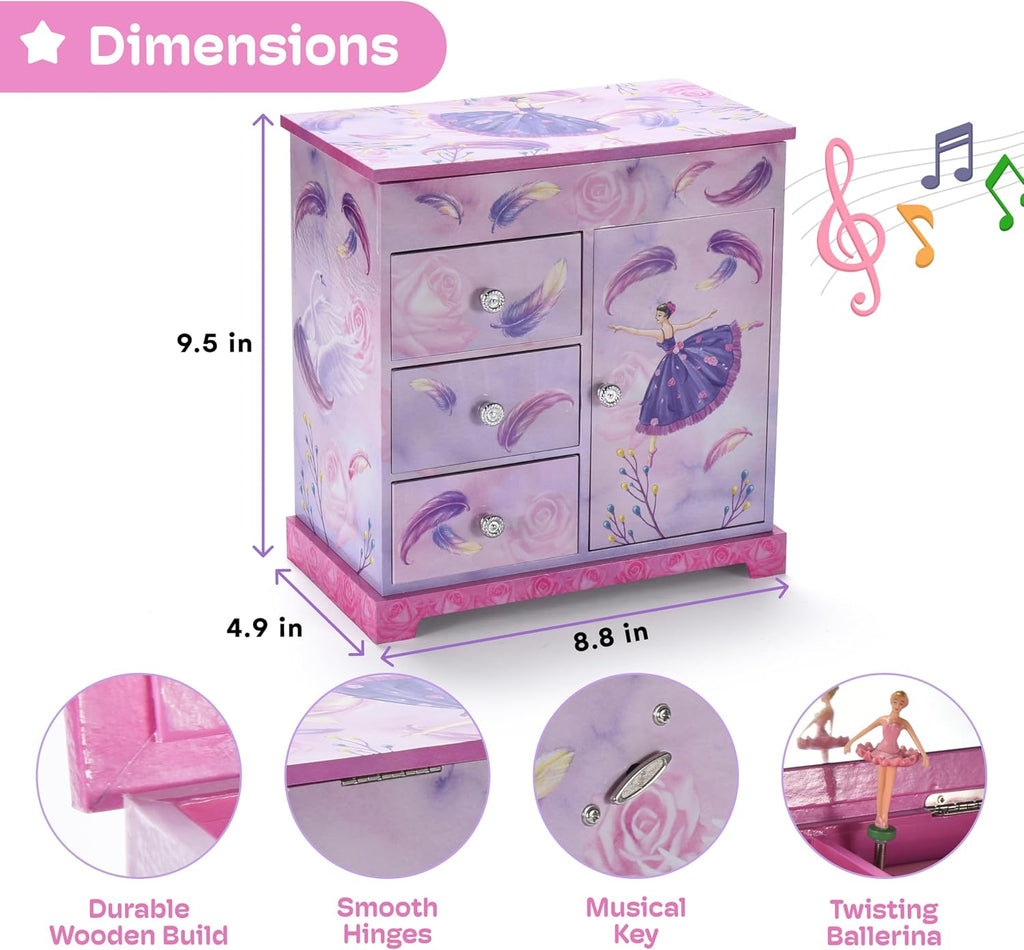 Jewelkeeper Pink and Purple Ballerina 3 Drawers Jewelry Box for Girls - Little Girl's Wooden Jewelry Box with Necklace Carousel - for Kids or Teen Necklaces and Accessories