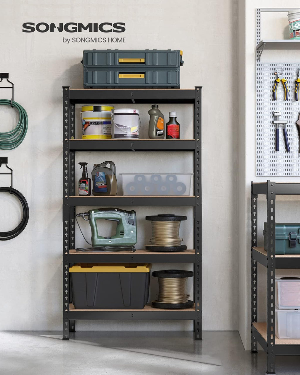 SONGMICS 5-Tier Storage Shelves, Load 2310 lb, Garage Storage, Boltless Assembly, Adjustable Shelving Unit, 11.8 x 29.5 x 59.1 Inches, for Study Shed Basement, Black and Natural Beige UGLR300B01