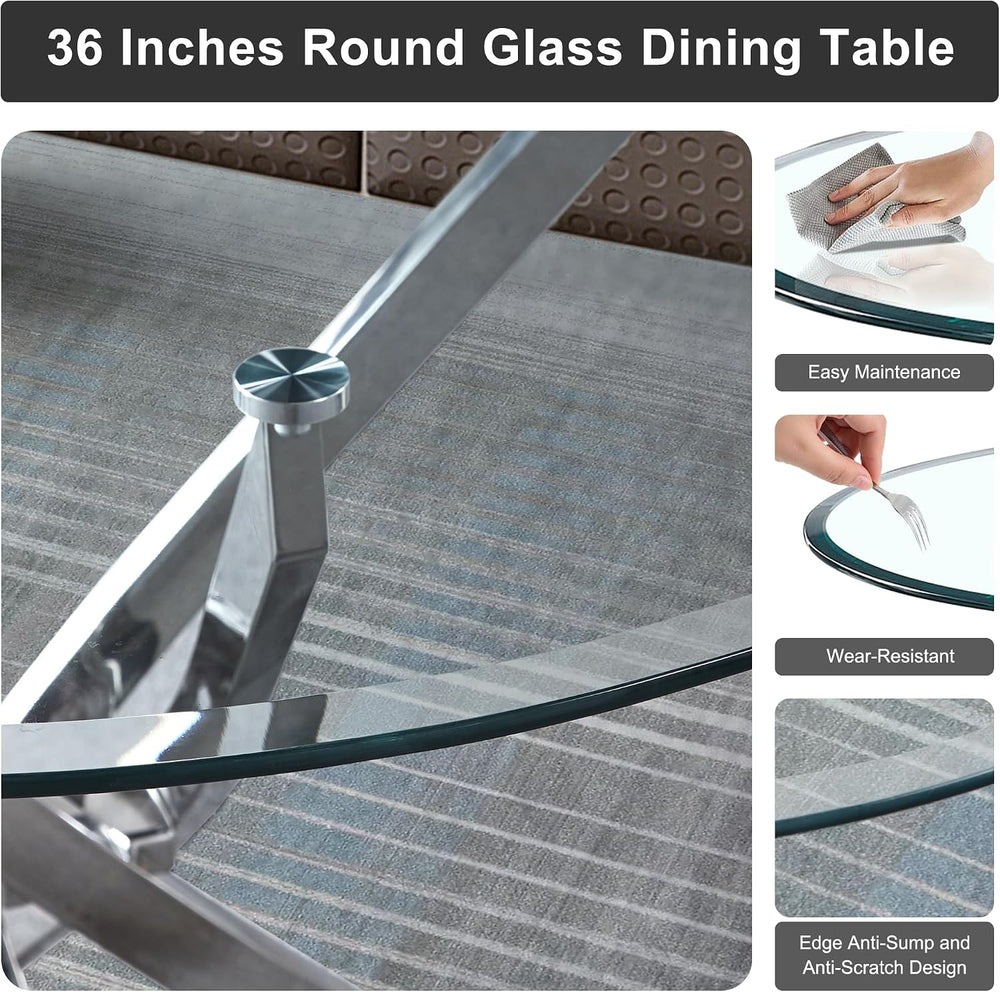 36 inch Round Glass Dining Table for 4 People,Modern Dining Room Table with S...