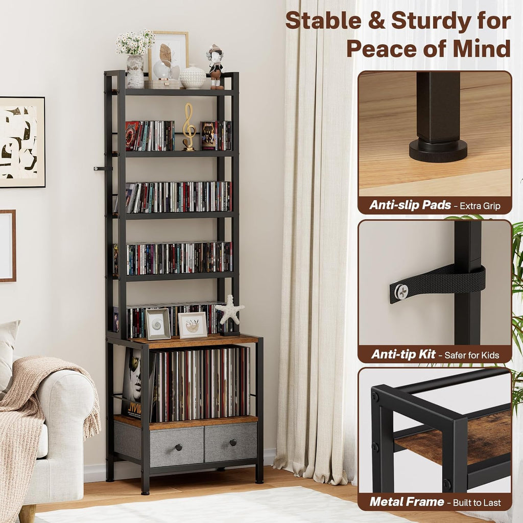 DVD Storage Vinyl Record Storage Rack, 6-Tier CD Rack Tower with Drawers for CDs, DVDs, Albums, Books & Games, Vinyl Record Holder & DVD Shelf Organizer for Living Room & Home Office, 20.8x11.8x63Inch