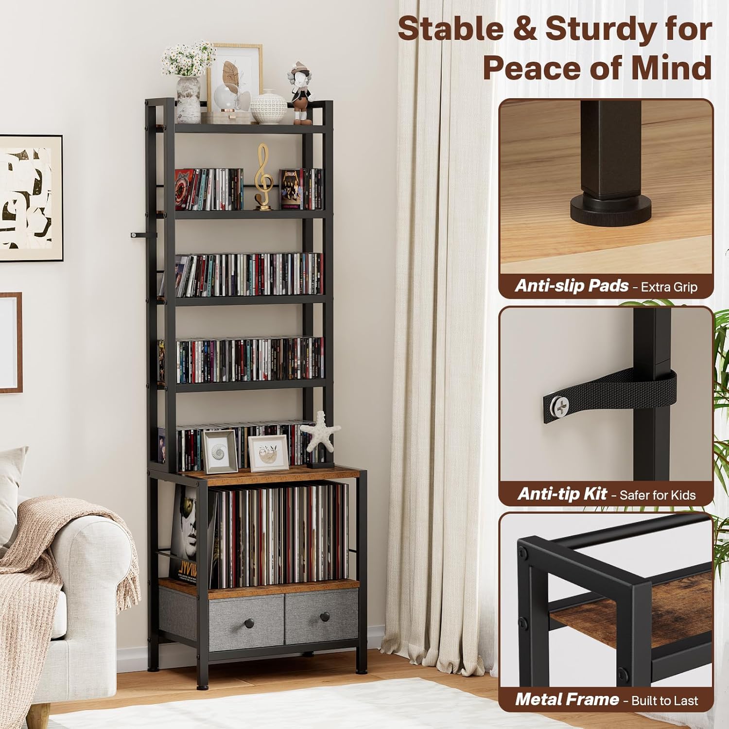 DVD Storage Vinyl Record Storage Rack, 6-Tier CD Rack Tower with Drawers for CDs, DVDs, Albums, Books & Games, Vinyl Record Holder & DVD Shelf Organizer for Living Room & Home Office, 20.8x11.8x63Inch