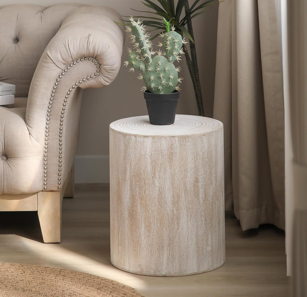 VELOVE Wood Stump Side Tables, Set of 3, White wash Finish