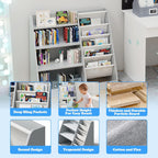 Gray 4 Tier Kids Wooden Bookshelf,Five Layer Sling Toddler Front Facing Bookcase,Baby Kids Storage Book Rack,Book and Toy Organizer Cabinet,Child Book Display Playroom Nursery Bedroom