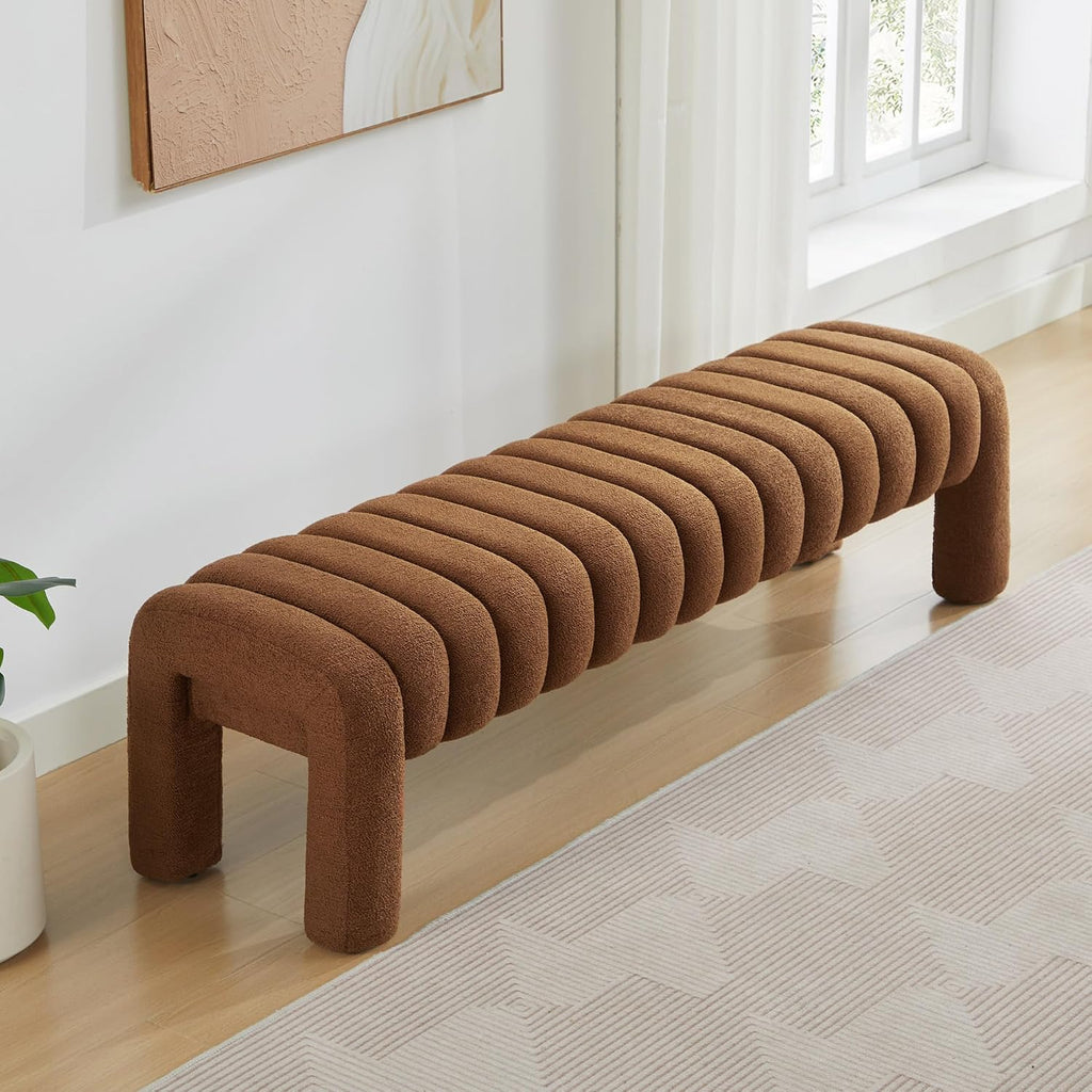 63" Bedroom Bench, Upholstered Entryway Bench, Modern End of Bed Ottoman with Solid Wood Legs and Adjustable Foot Pegs for Entryway, Dining Room and Living Room (Rust Brown Boucle)