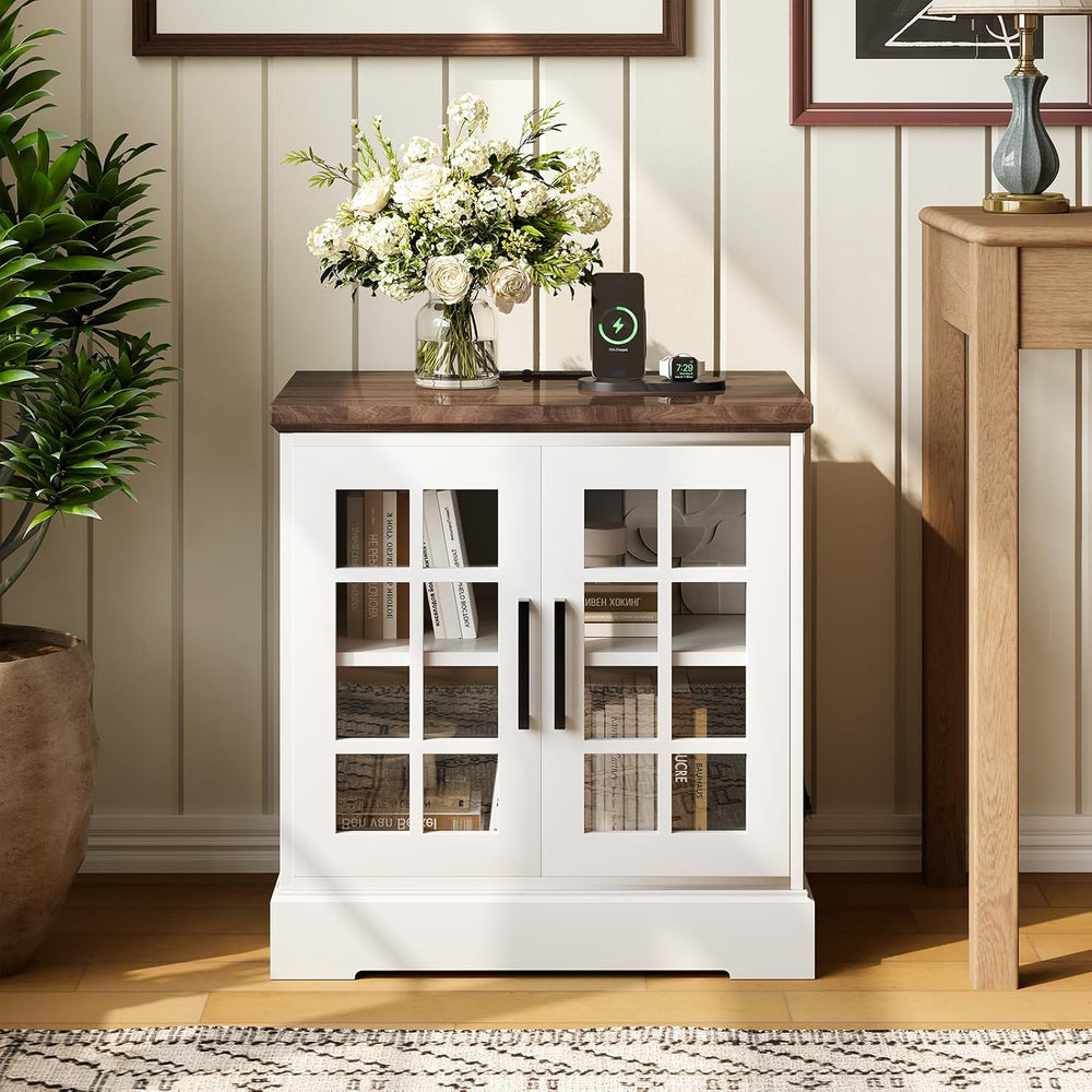 24" Farmhouse Nightstand with Charging Station, End Table with Tempered ...