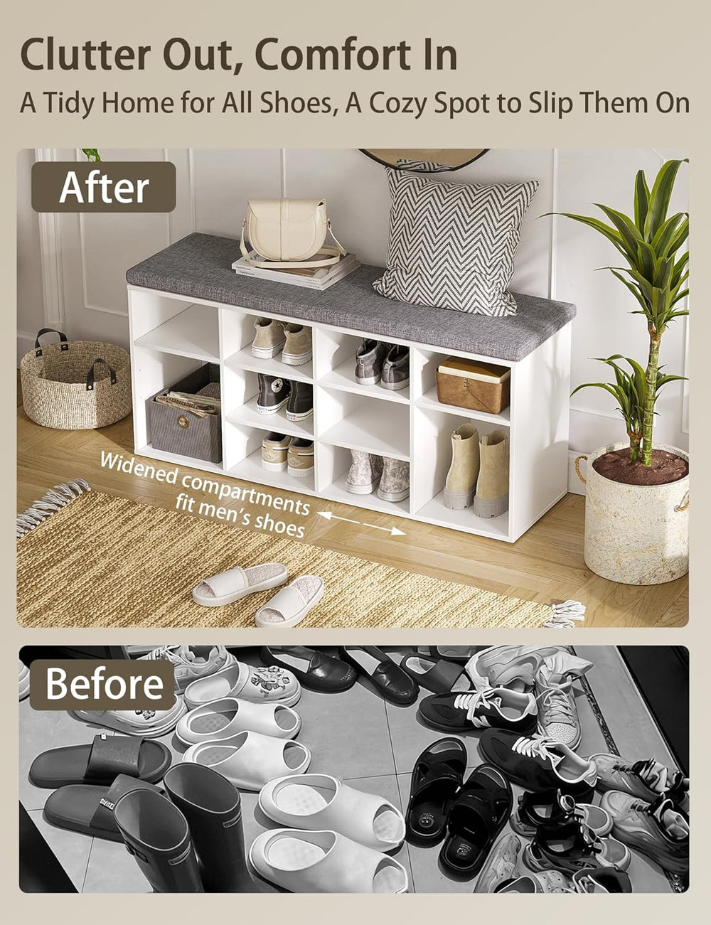 DINZI LVJ Shoe Storage Bench with Cushion, Cubby Shoe Rack with 12 Cubbies, A...