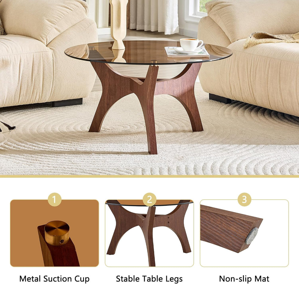 31.5" Glass Coffee Table, Mid-Century Modern Style, Walnut | Tempered gl...