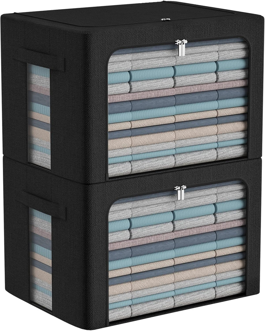 CYhom Extra Large Clothes Storage Bins Box - Linen Fabric Foldable Stackable Container Organizer Set with Clear Window & Carry Handles & Metal Frame (Black, Extra Large-100L)