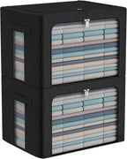 CYhom Extra Large Clothes Storage Bins Box - Linen Fabric Foldable Stackable Container Organizer Set with Clear Window & Carry Handles & Metal Frame (Black, Extra Large-100L)