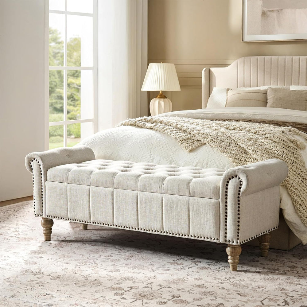 HULALA HOME Farmhouse Upholstered Storage Bench, End of Bed Bench with Vintag...