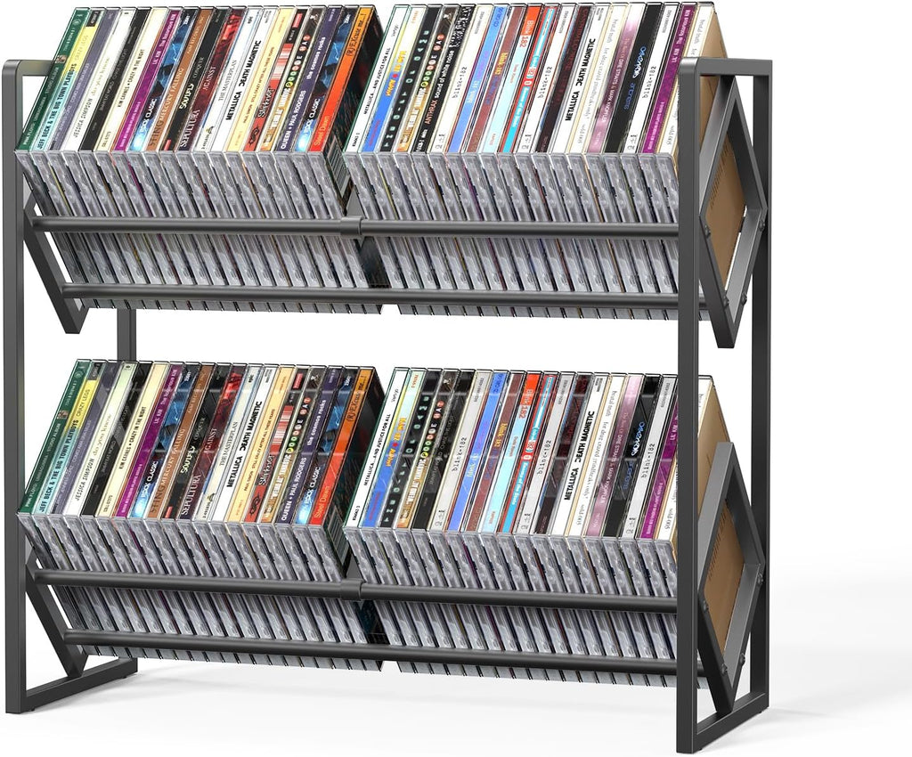2-Tier CD Storage Metal Display Shelf, CD Holder Rack with Adjustable Divider, Store up to 80 CDs for Non-slip Feet, Modern for Music Collection Enthusiasts Home Organization and Decor