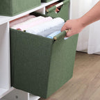 HOONEX Large Collapsible Storage Bins, Linen Fabric, Pack of 2, Storage Baskets with Wooden Carry Handles and Sturdy Heavy Cardboard, for Home, Office, Car, Nursery, Olive