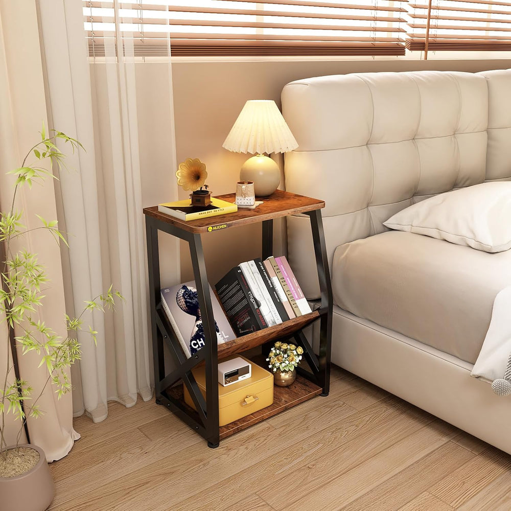 MULKHOME 3-Tier Accent End Table with Magazine Holder Shelf, Metal Frame, Scr...