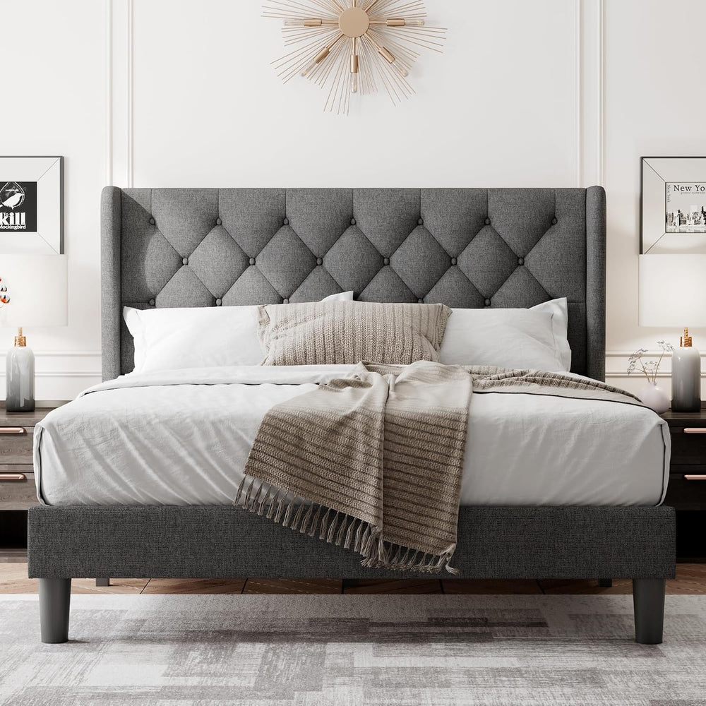 Feonase Queen Size Bed Frame with Diamond Tufted Wingback Headboard, Morden U...