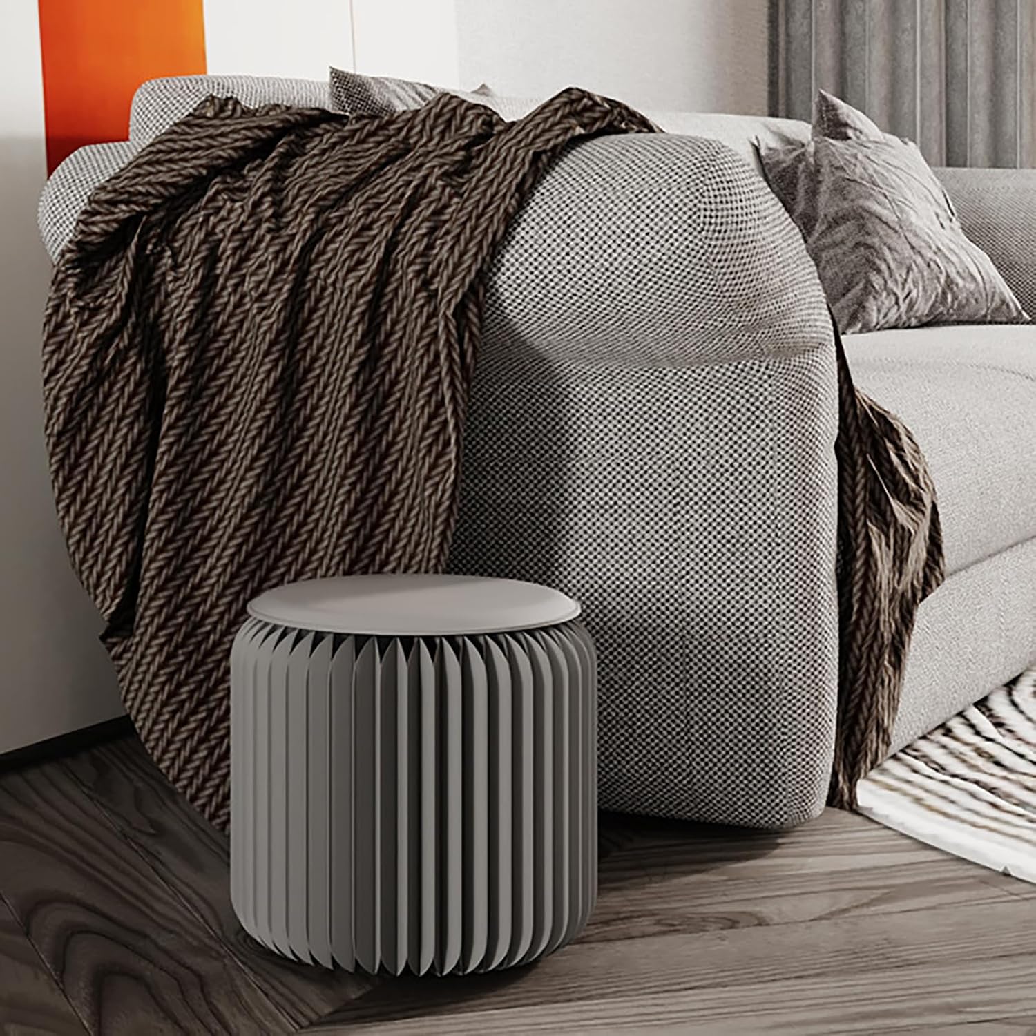 Folding Paper Stool with Cushion, Honeycomb Kraft Paper Bench, Portable Accordion Seat, Space-Saving Multipurpose Furniture for Living Room, Reception, Office,Grey-44×36cm